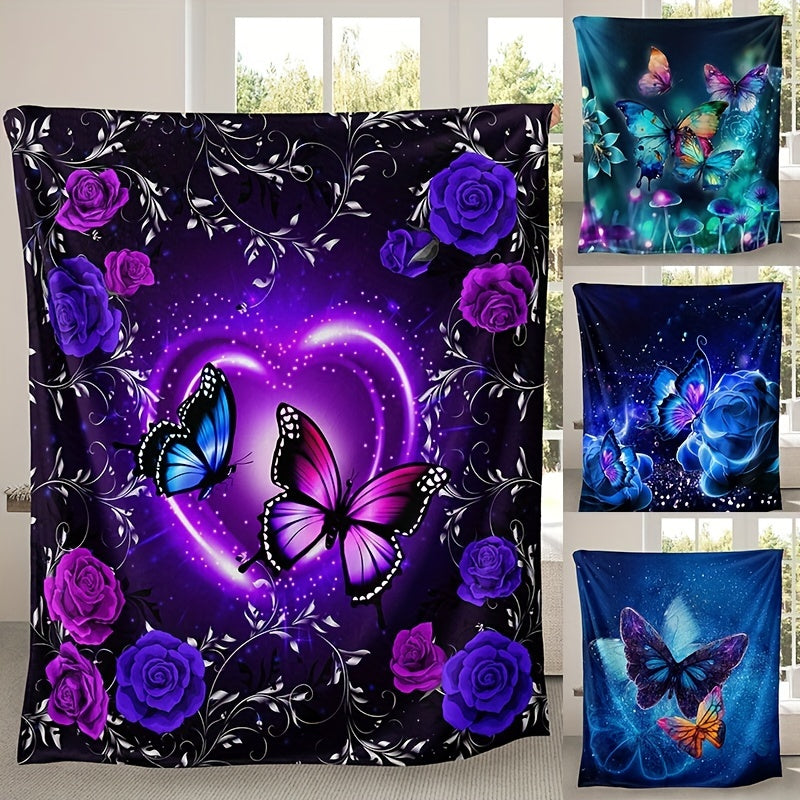 Flannel Butterfly Floral Print Blanket Cozy Throw for Home and Travel All Seasons