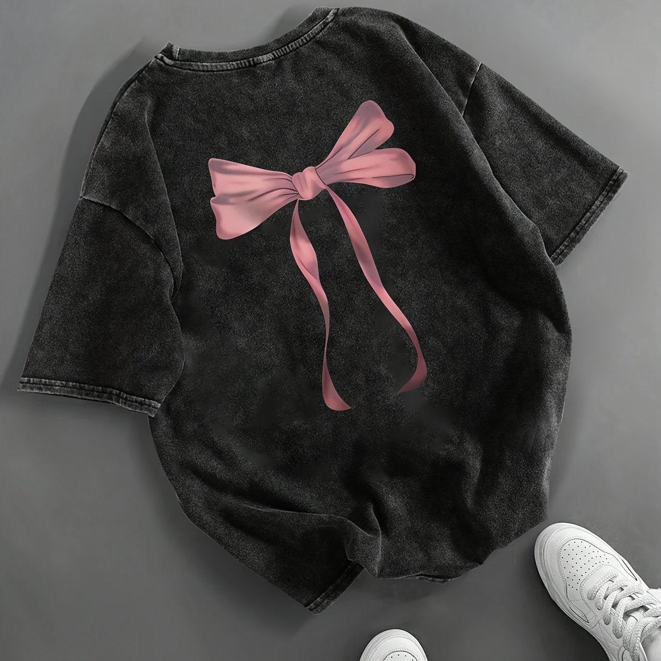 Women's Black Distressed T-Shirt with Pink Bow Print Short Sleeve Crew Neck Summer Cotton Blend