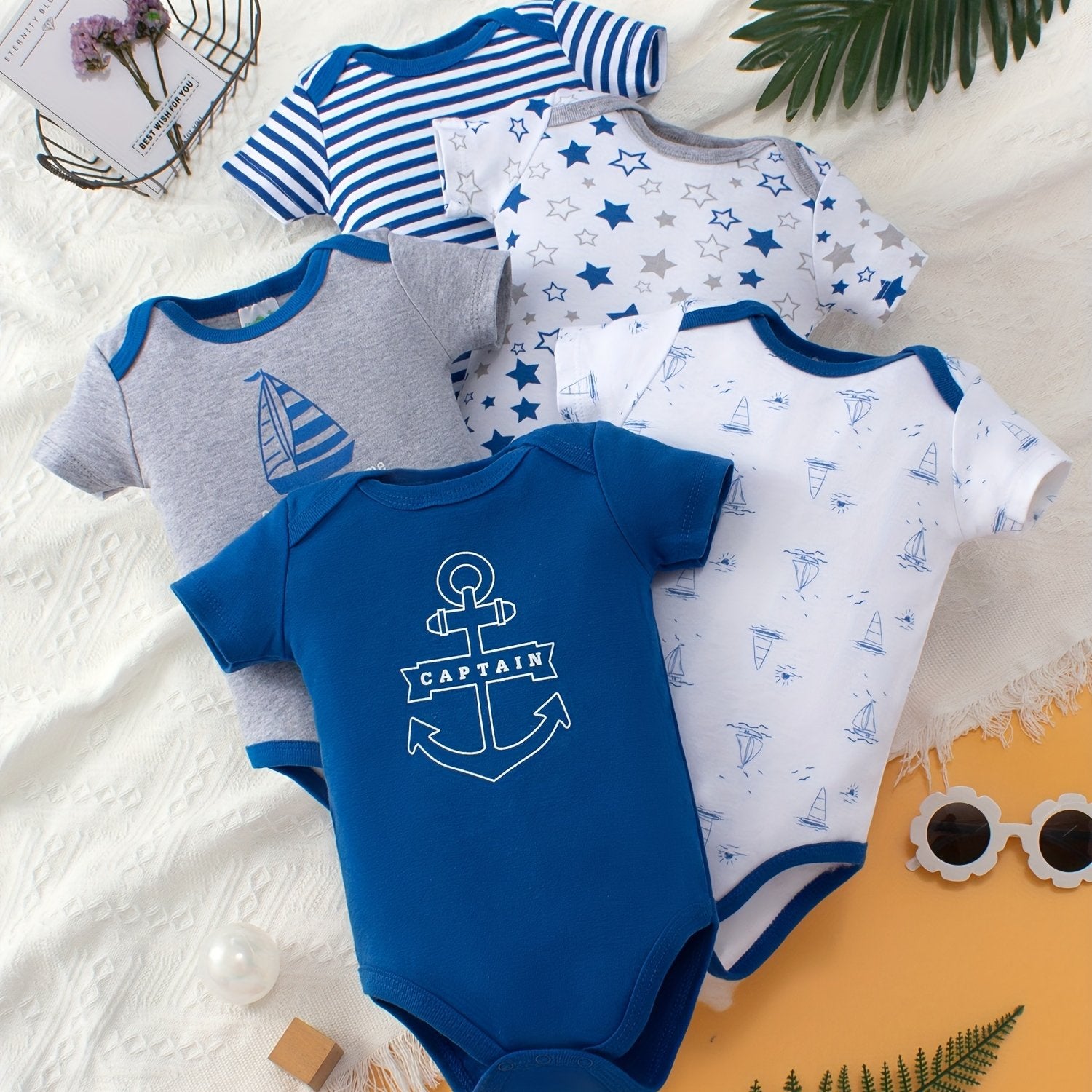 5pcs Baby Boys Marine Style Cotton Short Sleeve Bodysuits Summer Romper Set