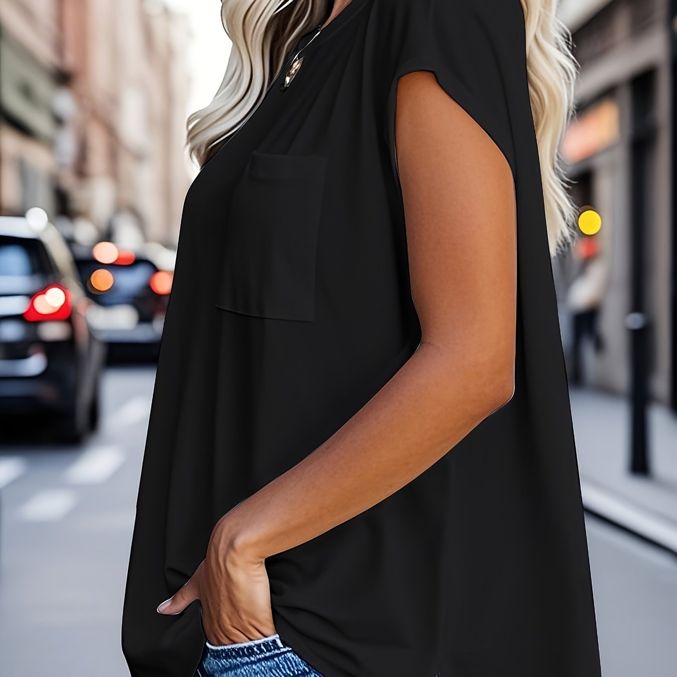 Plus o'lchamli ayollar uchun qisqa sleeve top, cho'ntaklar bilan, kundalik shik va to'liq rang