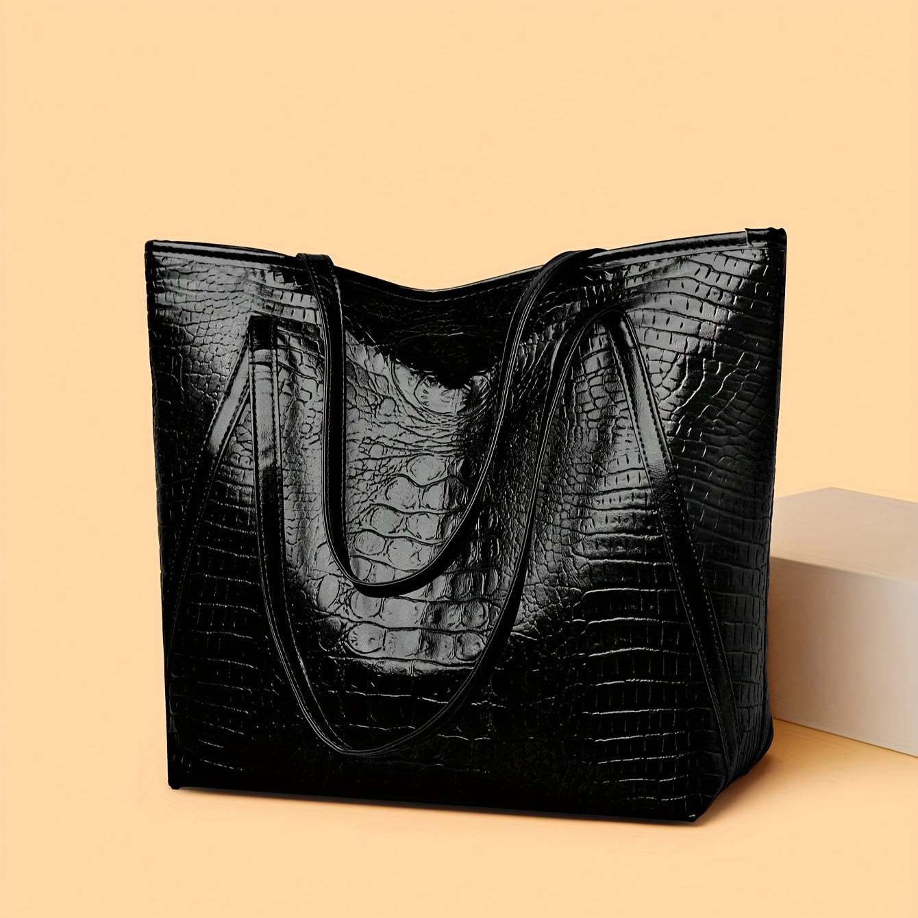Bolsa de mano grande de PU con estampado de cocodrilo negro para mujer, resistente a los arañazos, para compras y uso diario