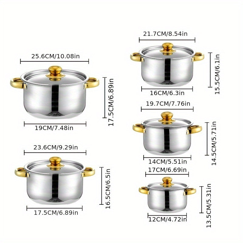Set of 10 Stainless Steel Soup Pots with Gold Handles, Durable Cookware