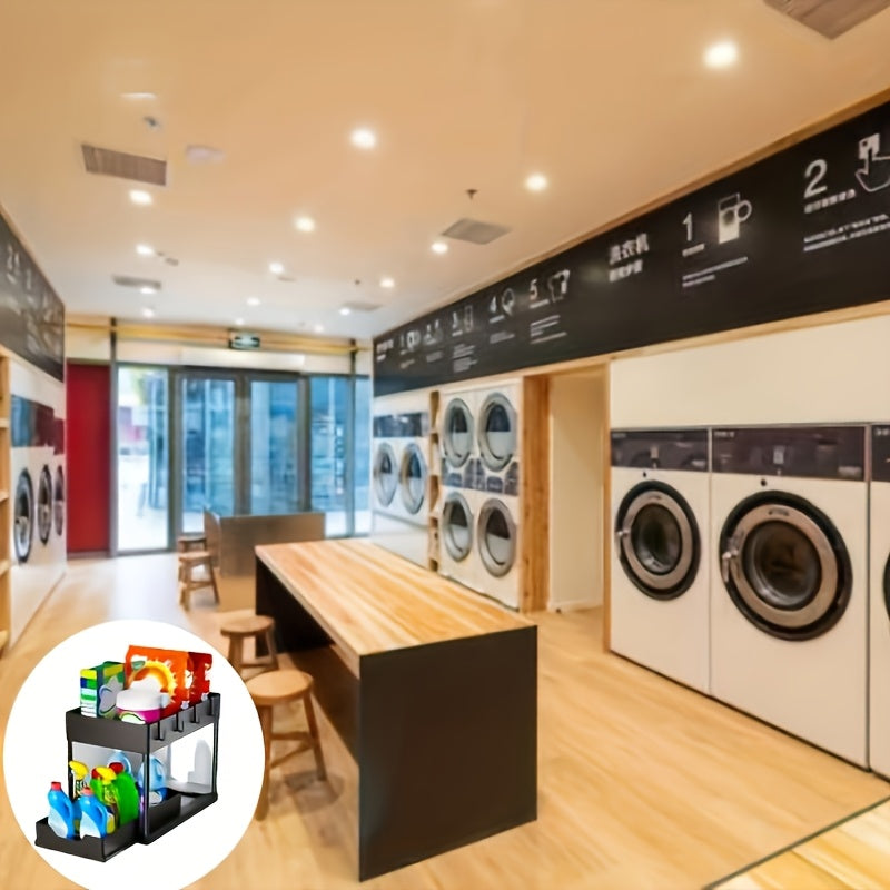 2-tier sliding drain storage box with utility hooks for kitchen bathroom organization