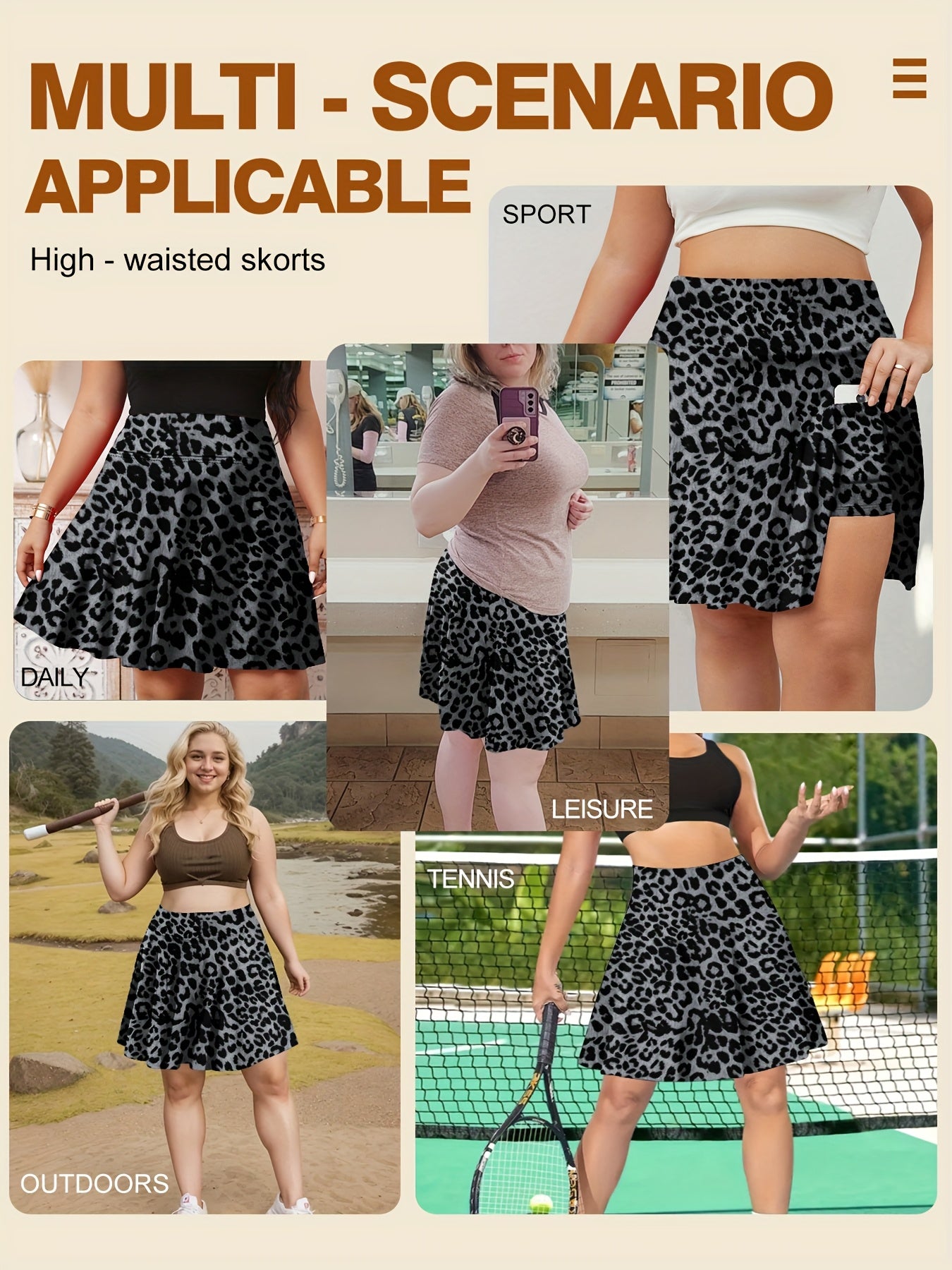 Women's Plus Size Leopard Print High-Waist Skort with Pockets for Tennis Casual Wear