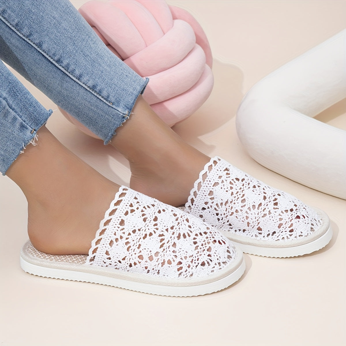 Women's Lace-Woven Slip-On House Slippers Breathable Indoor Shoes