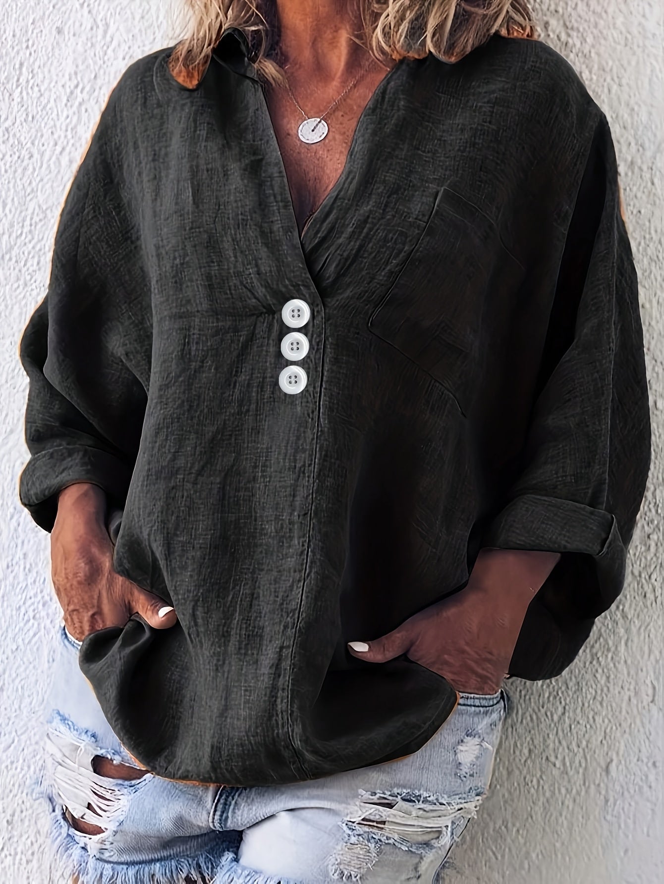 Solid Polyester V-Neck Loose Fit Blouse for Spring and Fall