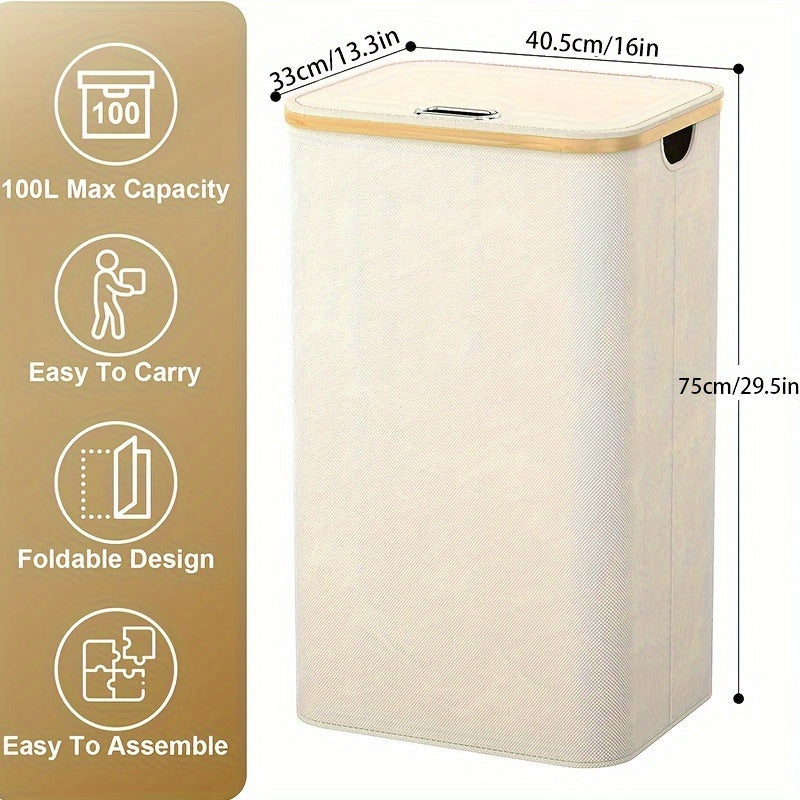 100L Tall Laundry Basket with Lid Bamboo Handles Waterproof Collapsible Storage Bin Cream White