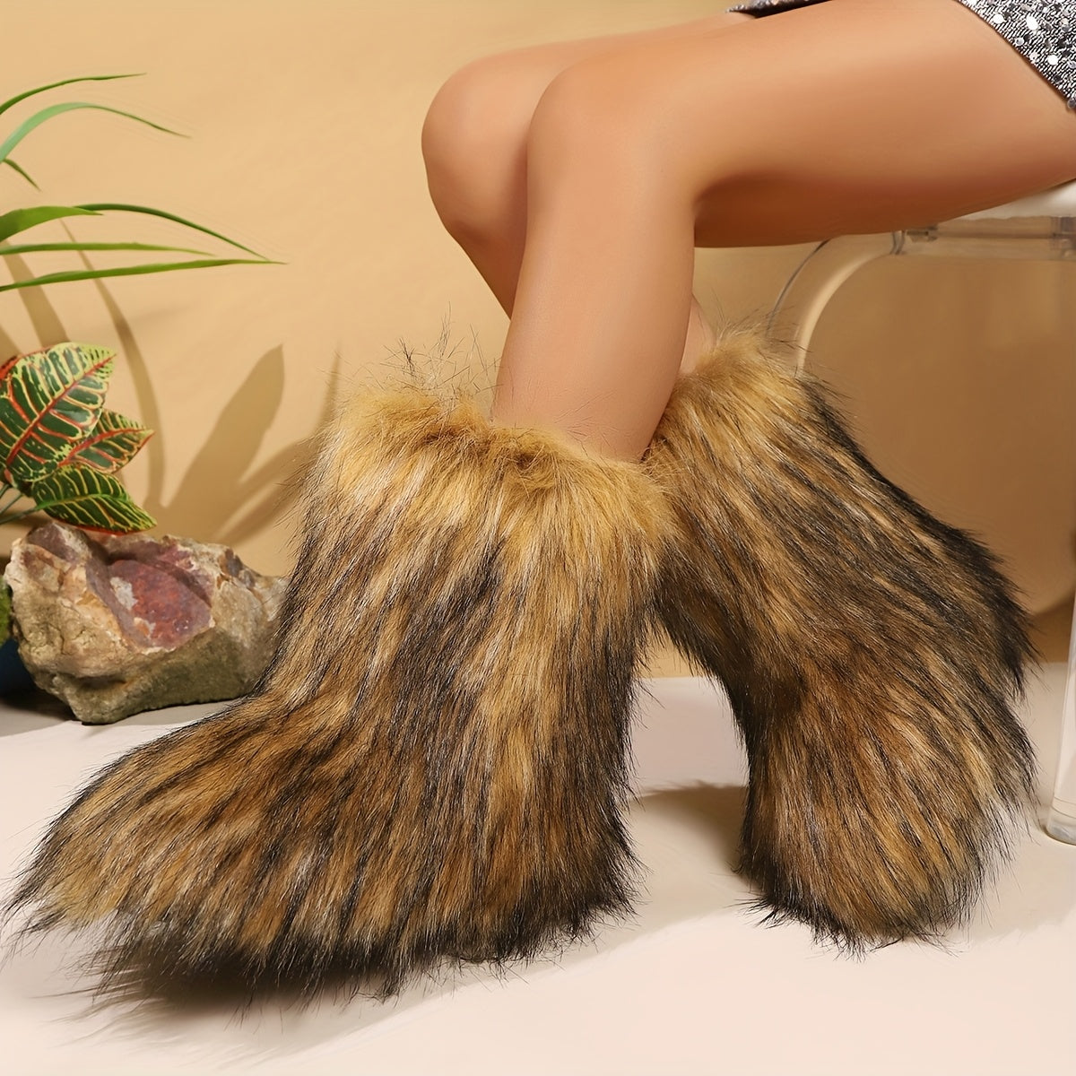 Ayollar uchun o'rta sharchali sun'iy jun bilan qoplangan yopiladigan botinkalar sovuq ob-havo uchun kundalik va zamonaviy