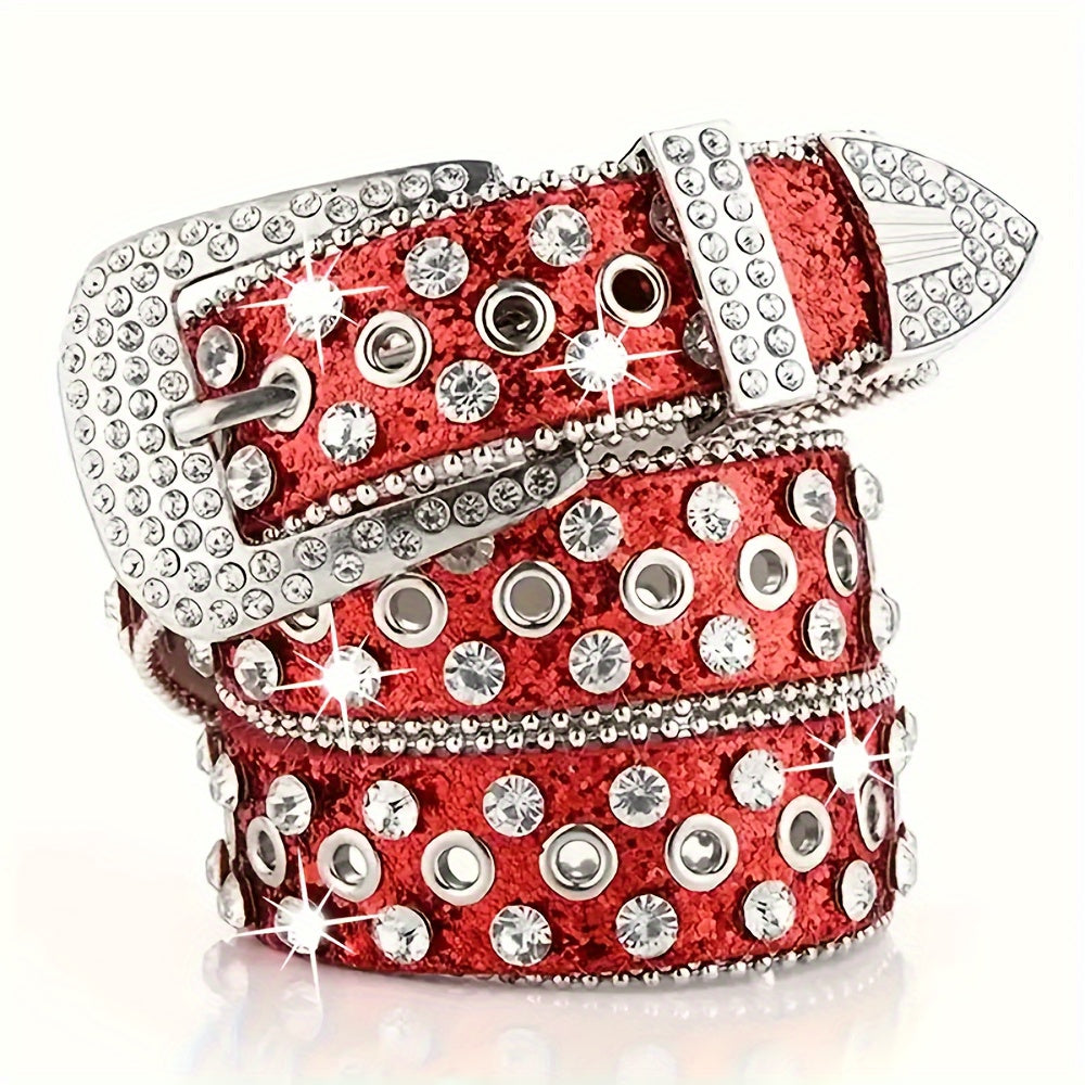 Men Women PU Belt Water Drill Skull Rivet Solid Color Stylish Accessory