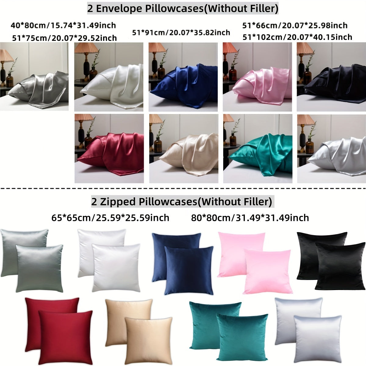Set of 2 Satin Pillowcases in Multiple Colors Soft Airy Envelope Closure