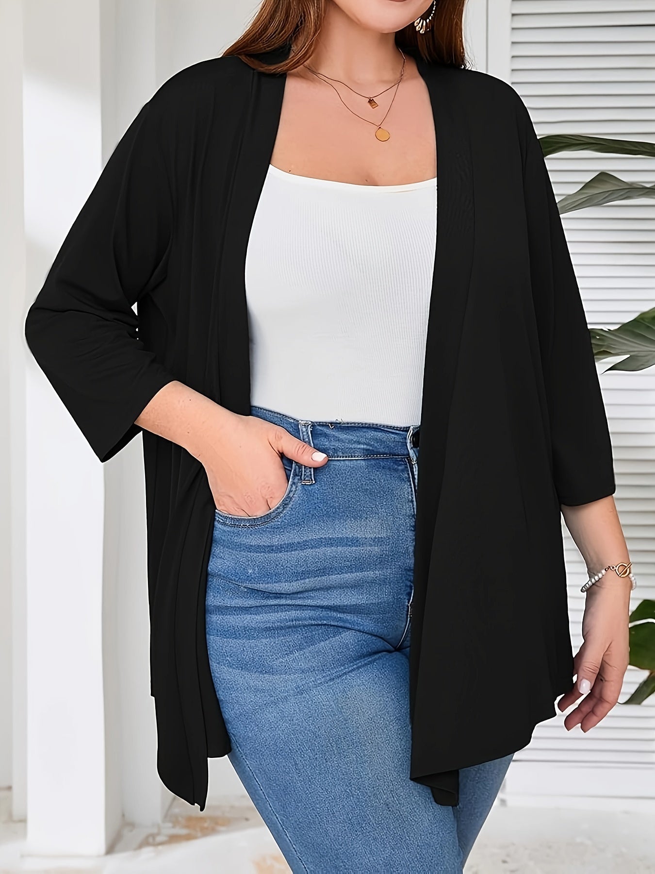 Women's Open-Front Cardigan 7/8 Sleeve Polyester Spandex Autumn Winter