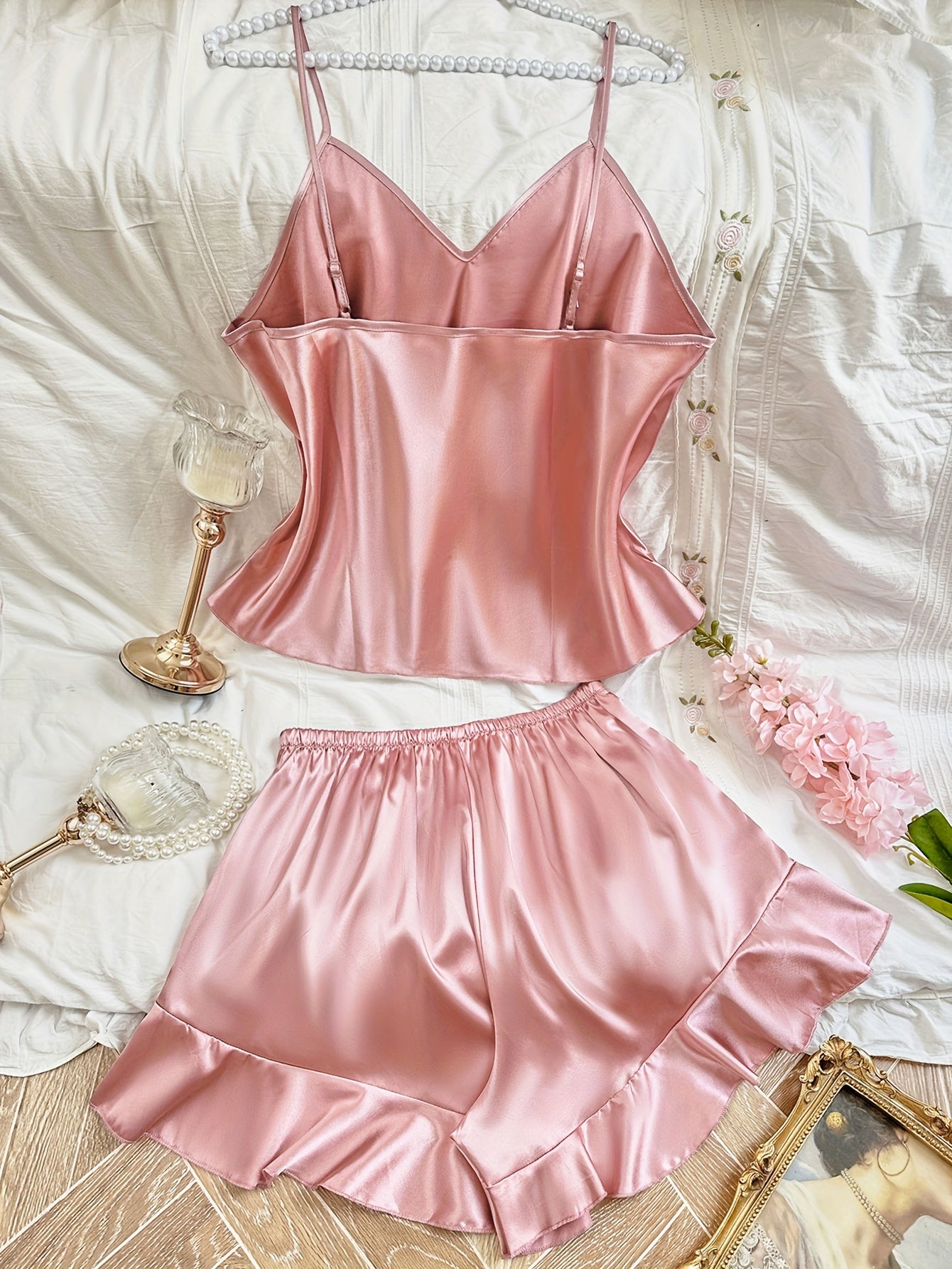 Женский сатиновый розовый комплект ночной рубашки и топа plus size, сексуальный, однотонный