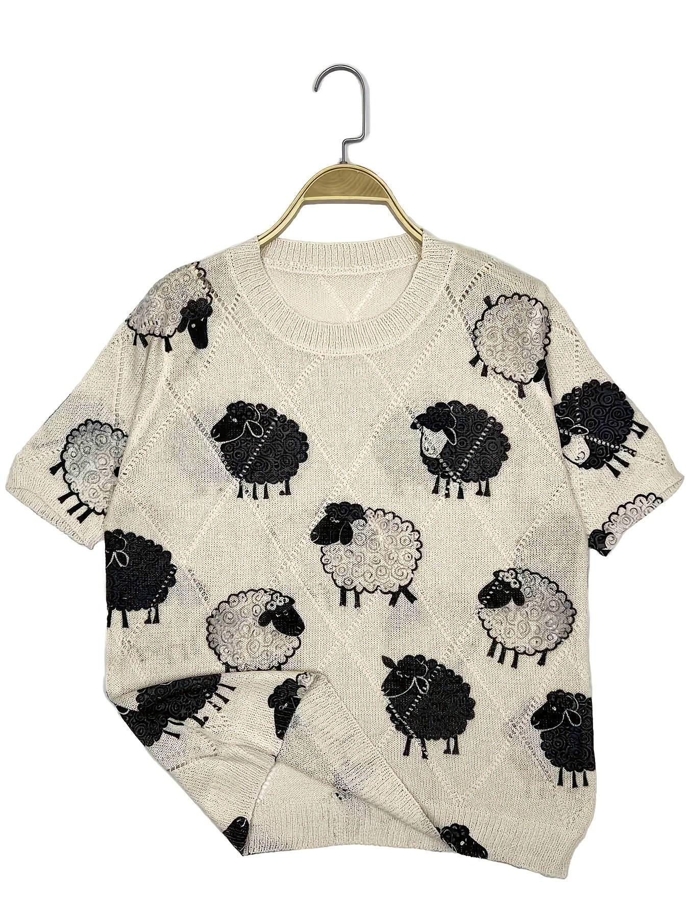 Women's Short Sleeve Sweater with Sheep Print Light Beige Oversized Casual Top