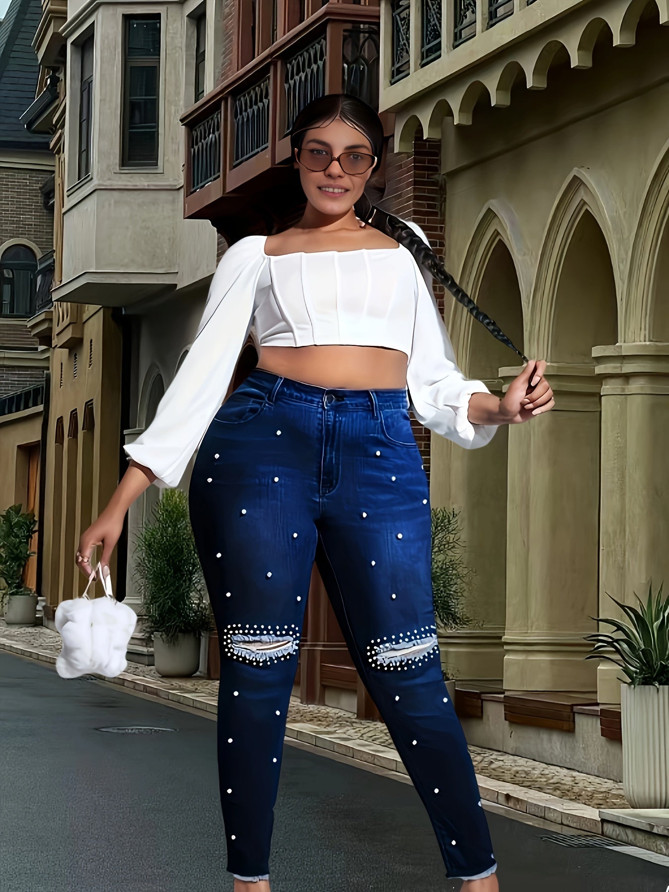 Plus Size Women's High-Stretch Skinny Jeans with Pearls Denim Pants for Casual and Formal Wear