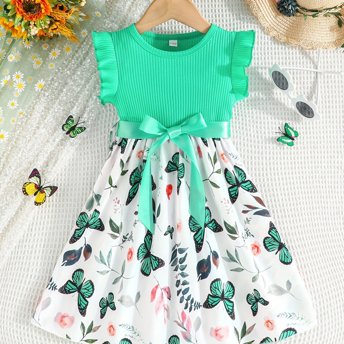 Girls Light Blue Ribbed Cotton Dress with Butterfly Floral Print Flutter Sleeves Belt Summer Casual