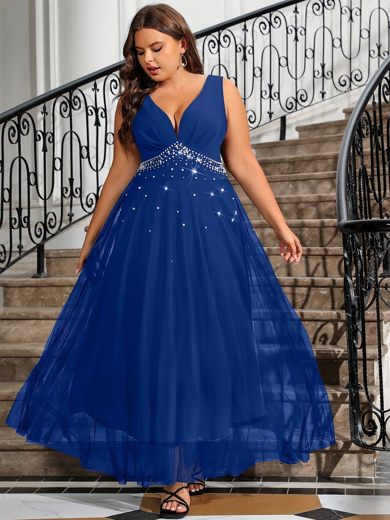 Plus Size Womens Mesh Splicing Beaded Sleeveless Maxi Dress Evening Gown