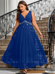 Plus Size Womens Mesh Splicing Beaded Sleeveless Maxi Dress Evening Gown