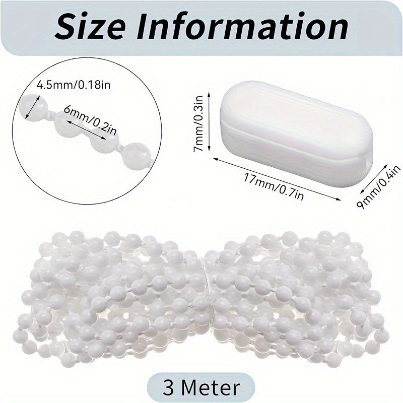 White Plastic Curtain Bead Chain Kit with 10 Connectors for Blinds and Shades