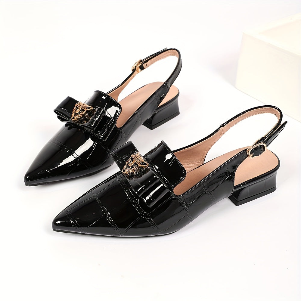 Women's Faux Leather Slingback Heels with Pointed Toe and Chunky Low Heel