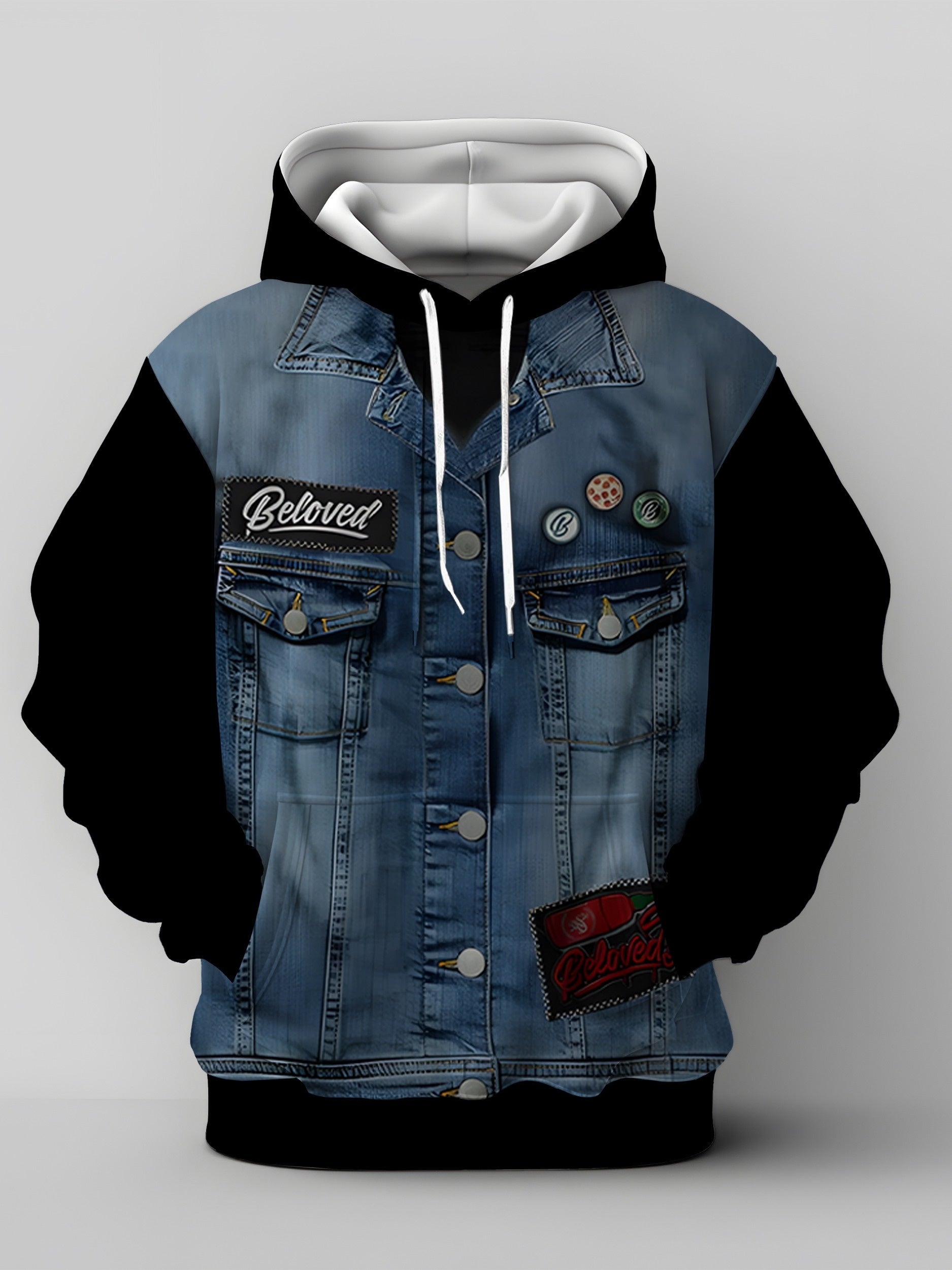 Men's Plus Size Hoodie Polyester Knit Medium Stretch Denim Print Regular Fit Pocket Casual