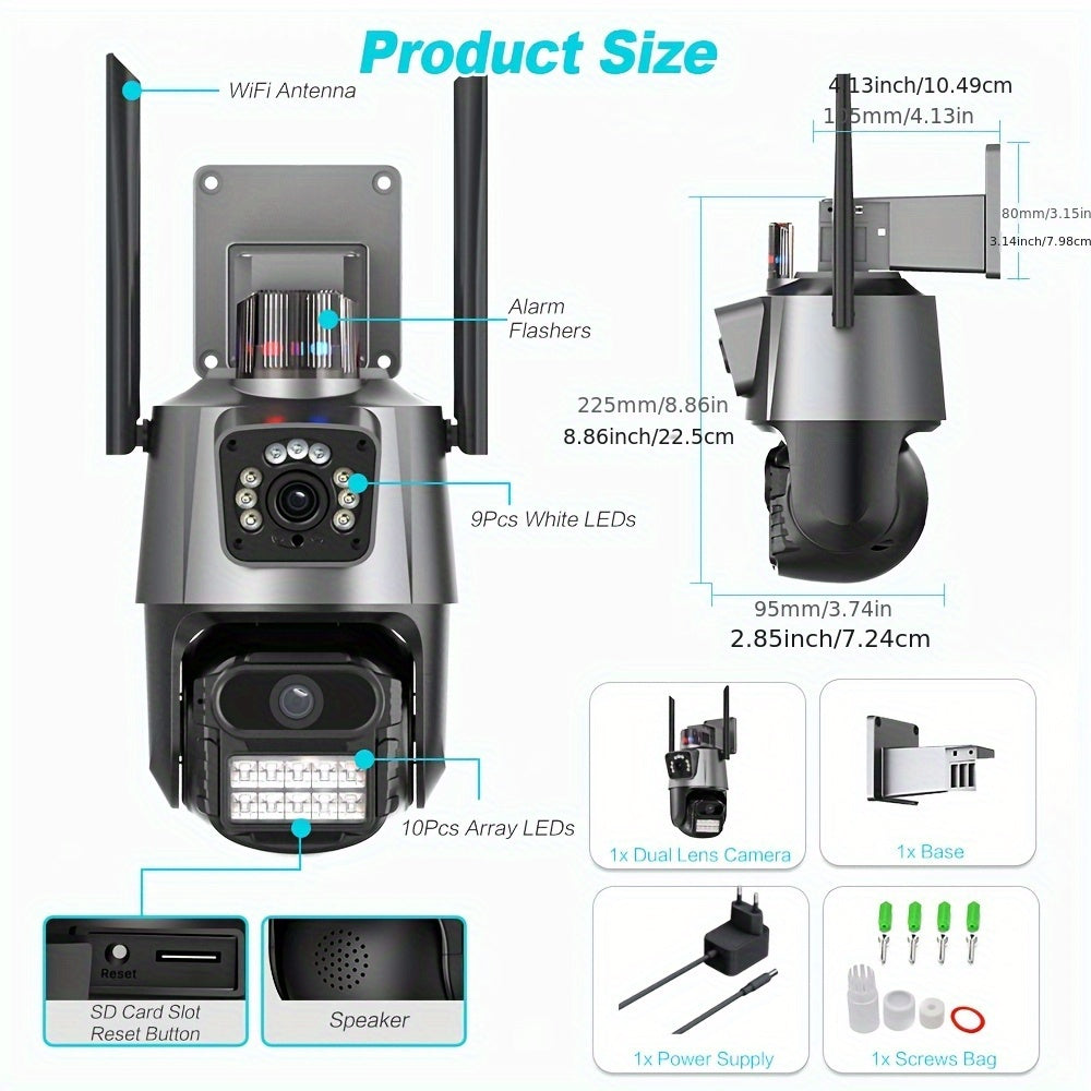 Ikki kamerali simsiz xavfsizlik kamerasi, AI kuzatuvi, rangli tungi ko'rinish, harakat haqida xabarnomalar, ikki tomonlama aloqa, 24/7 yozuv, SD/Cloud saqlash qo'llab-quvvatlashi, Evropa ulagichi, simsiz ochiq joyda.