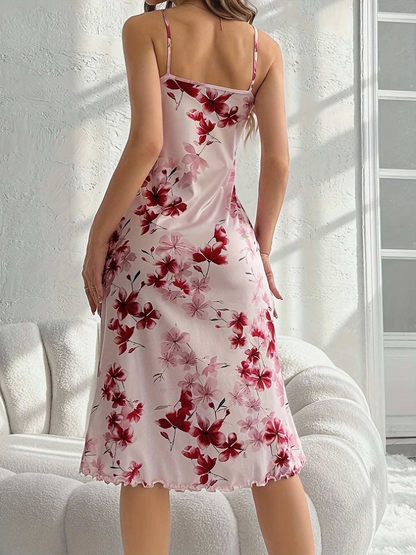 Floral Print Backless Nightdress with Lettuce Trim for Women