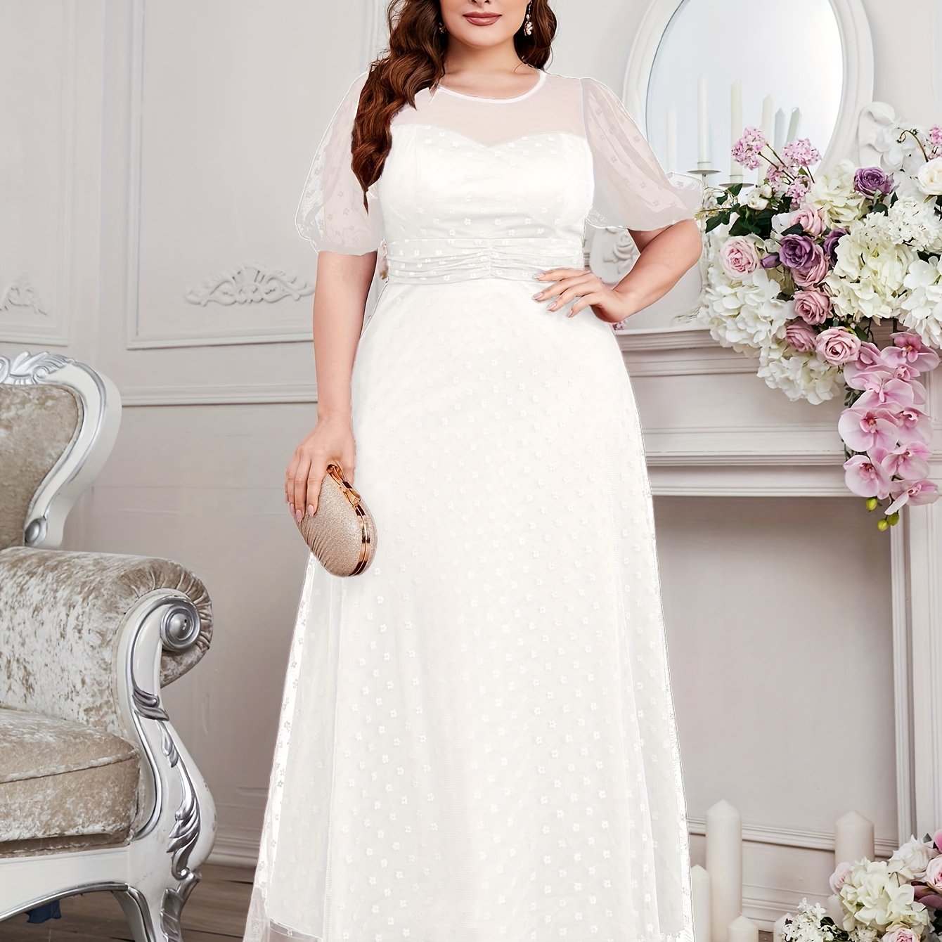 Women's V-Neck Lace Dress Plus Size Long Sleeve Evening Gown Creamy Yellow