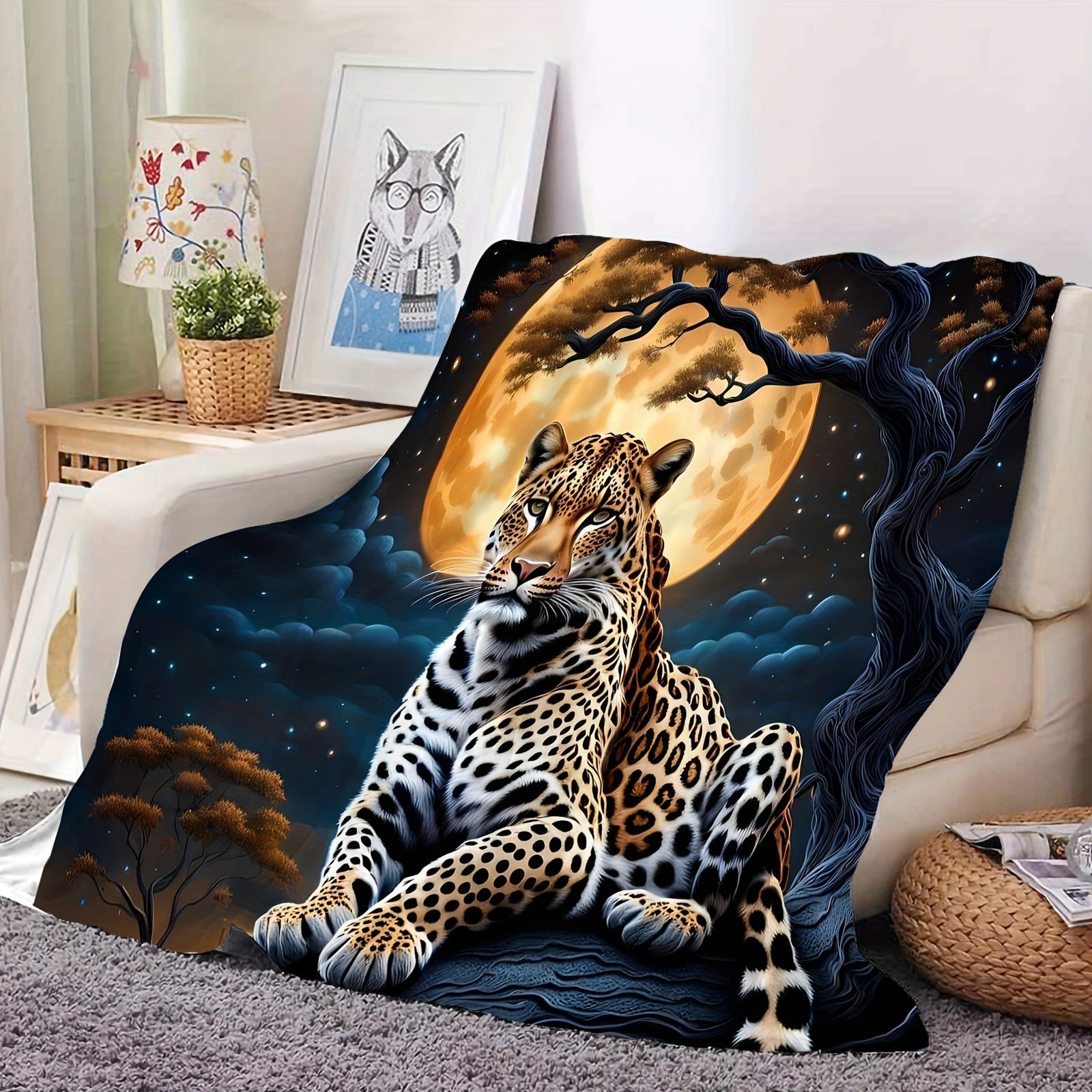 Flannel Fleece Throw Blanket with Jaguar Design for All Seasons Machine Washable Polyester