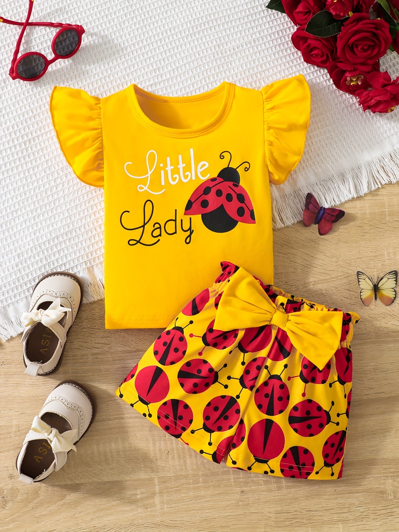 Baby Girl Summer Outfit Ruffle Sleeve Graphic T-Shirt and Ladybug Shorts Set