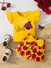 Baby Girl Summer Outfit Ruffle Sleeve Graphic T-Shirt and Ladybug Shorts Set