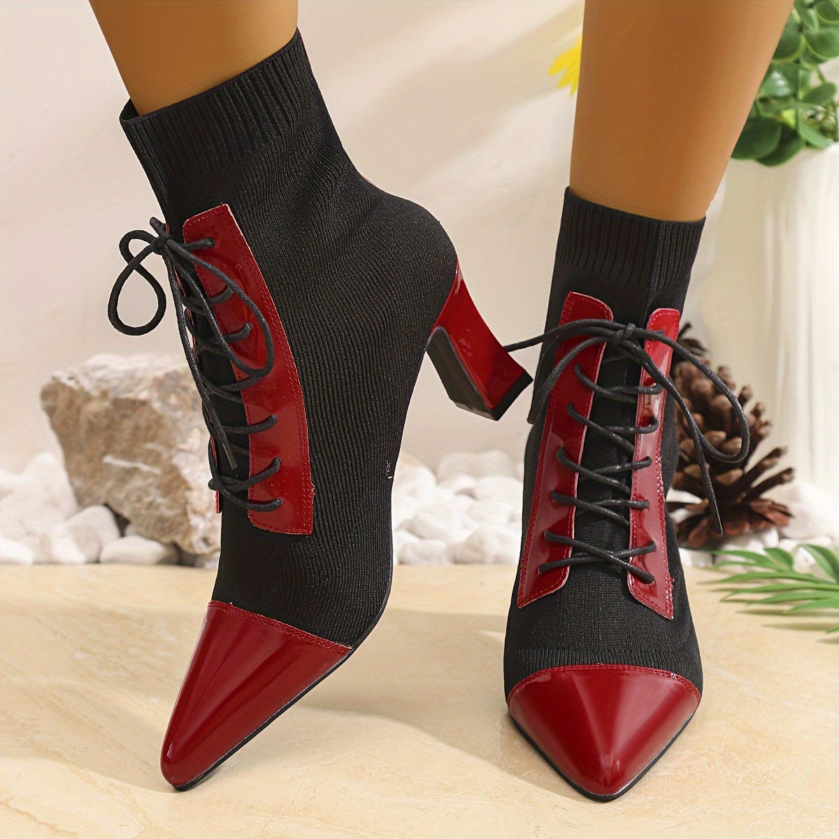 Women's Black and Red Pointed Short Boots Thick Heels Outdoor Shoes