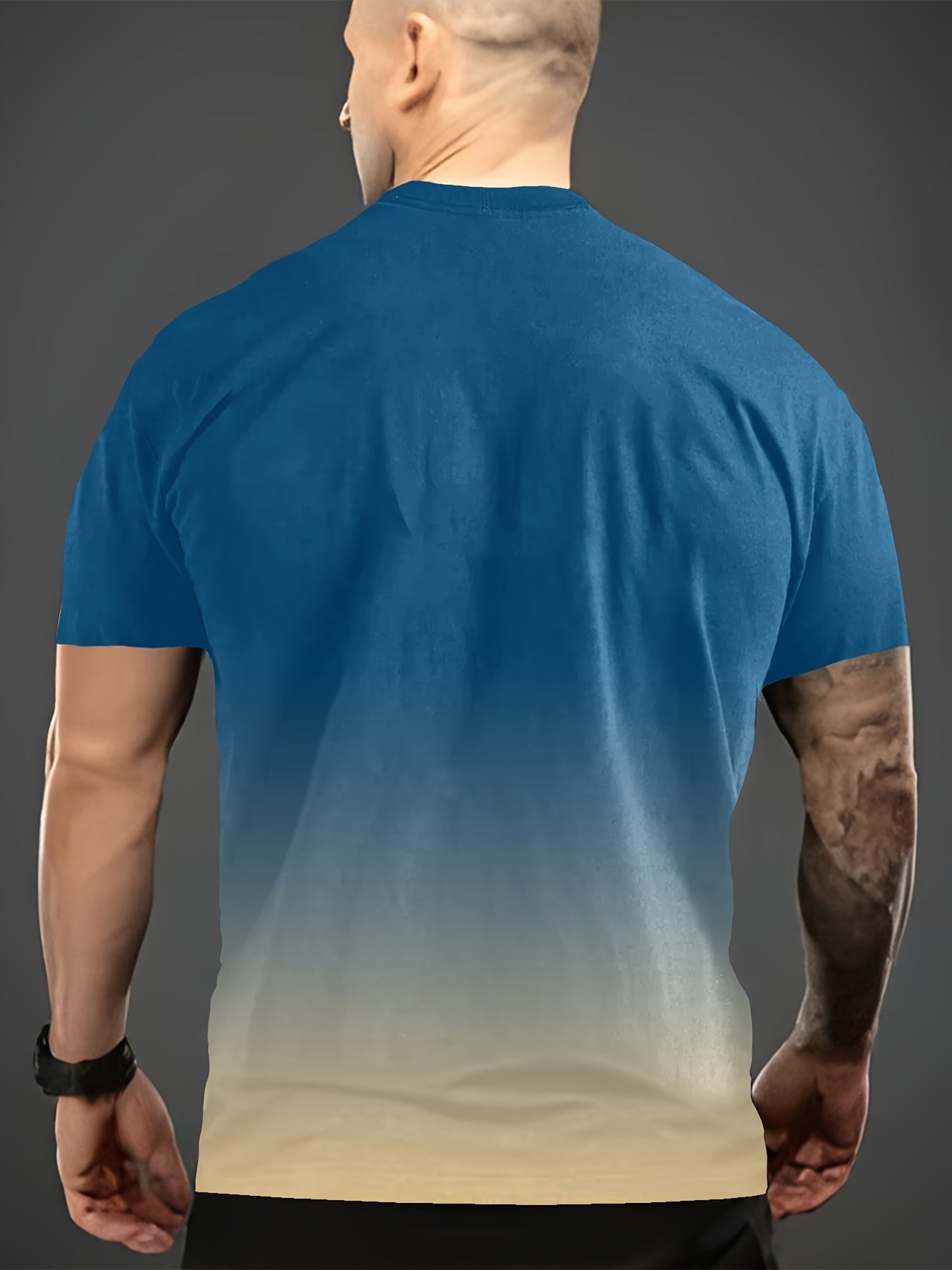 Erkaklar yozgi sport futbolkasi 3D Parij harfi bosma, ko'k va sariq gradient, polyester, mashinada yuvish mumkin, qulay tasodifiy qisqa yengli futbolka