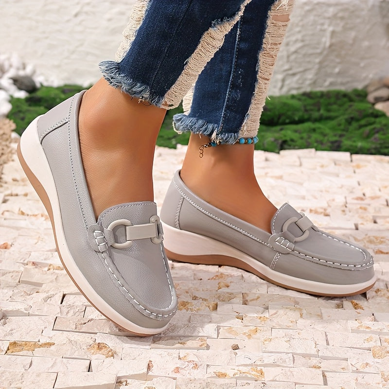 Women's Slip-On Loafers PU Cover Flats with Buckle Non-Slip Casual Shoes