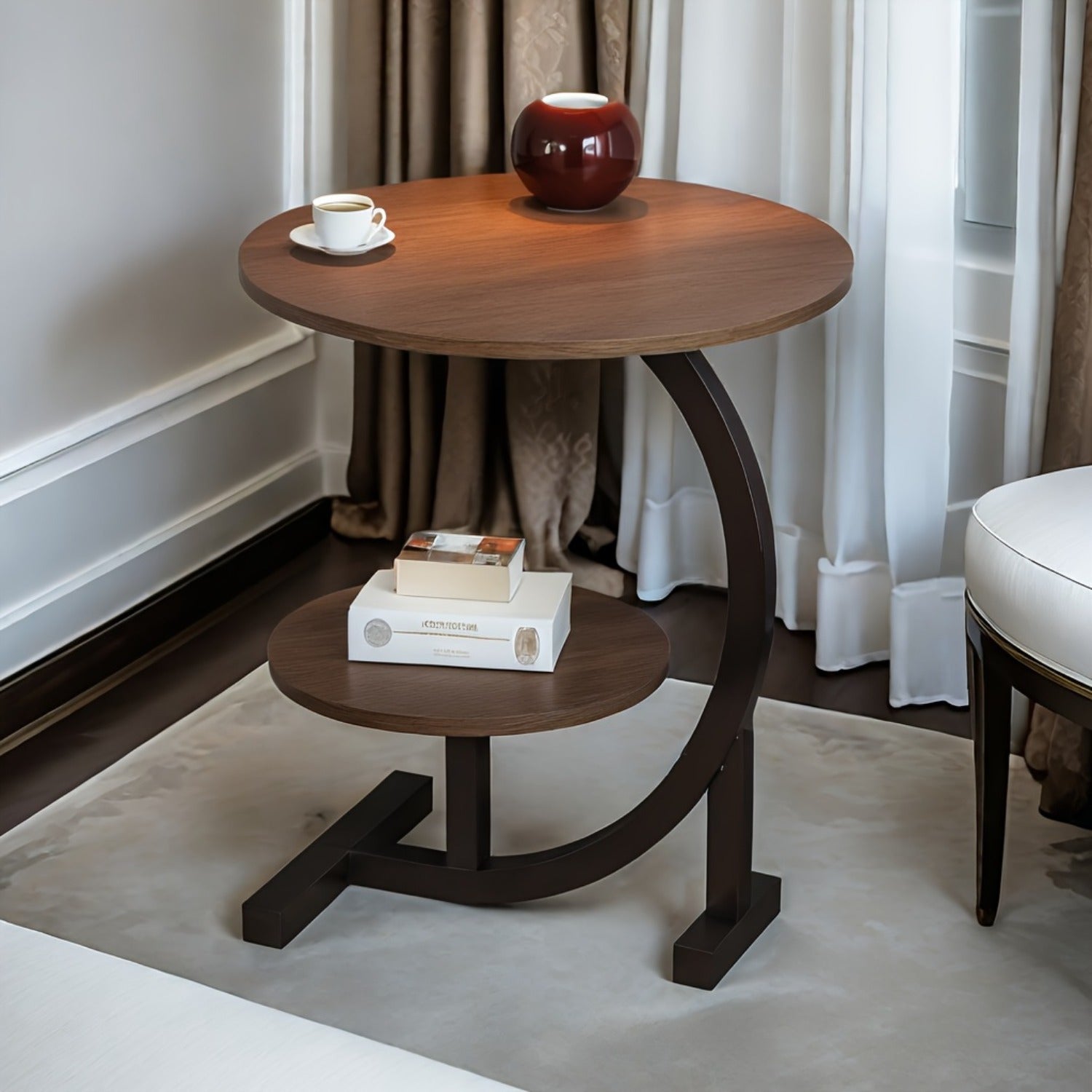 Doira shaklidagi qahva stoli 40.13cm, suv o'tkazmaydigan, ikki qavatli, qattiq yog'och, metall asosli, ichki foydalanish uchun