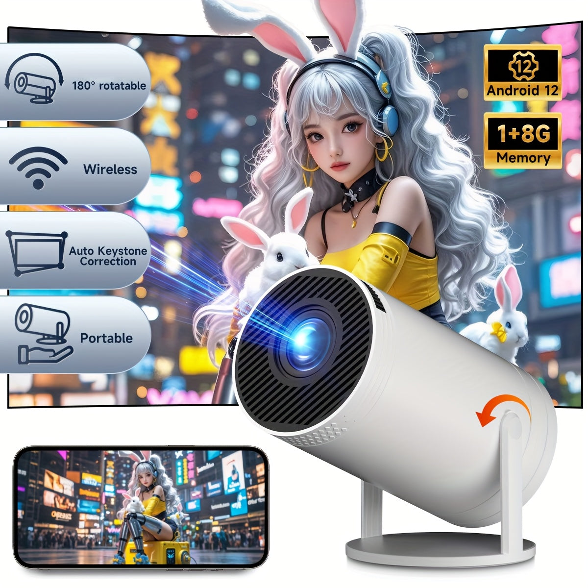 Mini proyector con rotación de 270° Wifi 6 Android 12 cine en casa