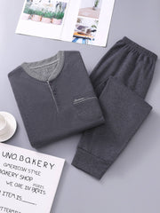 Men's Geometric Pattern Pajama Set with Pockets Long Sleeve Lounge Wear