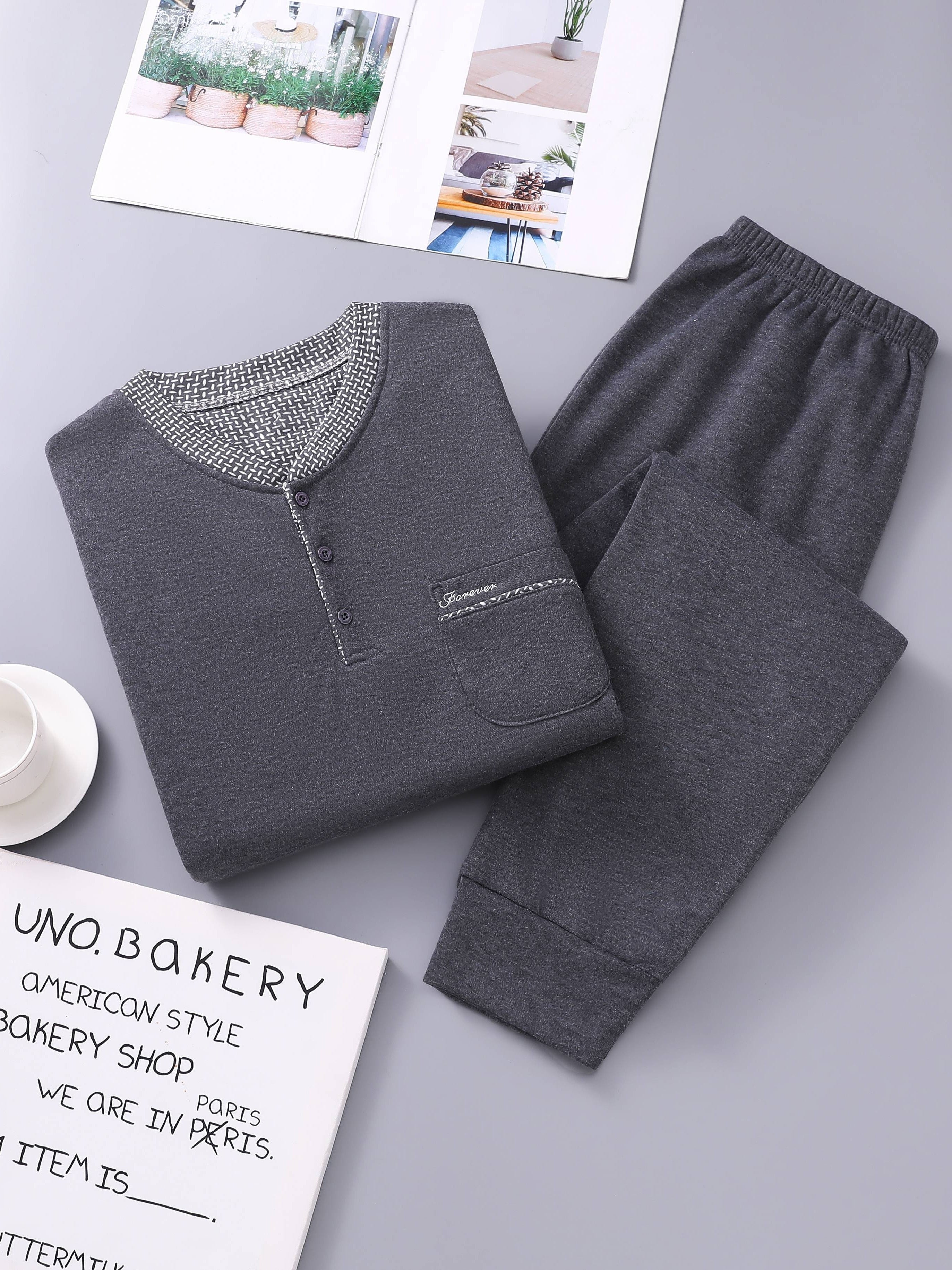 Men's Geometric Pattern Pajama Set with Pockets Long Sleeve Lounge Wear