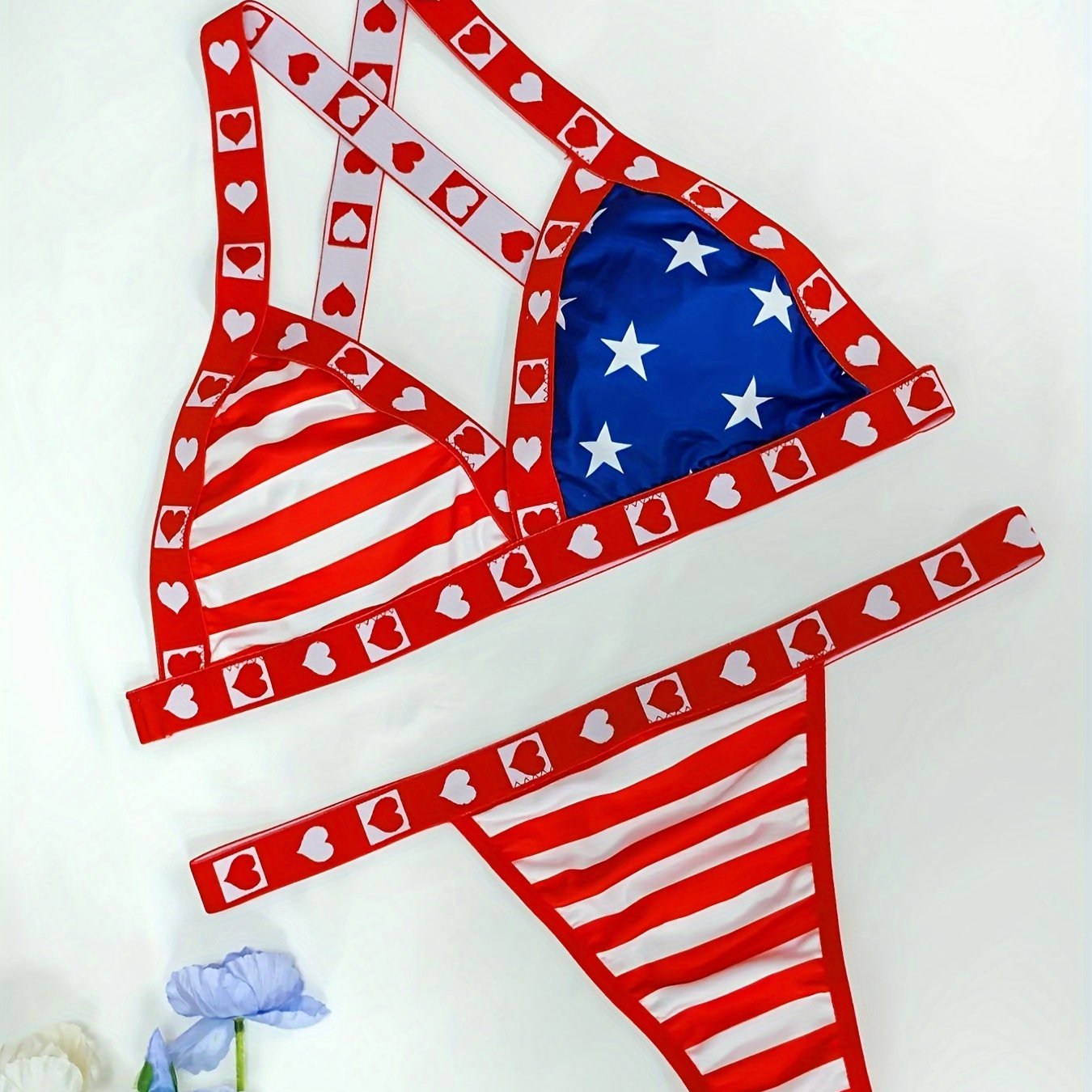 Plus Size Lingerie Set Polyester Knit American Flag Print Sports Style No Padding