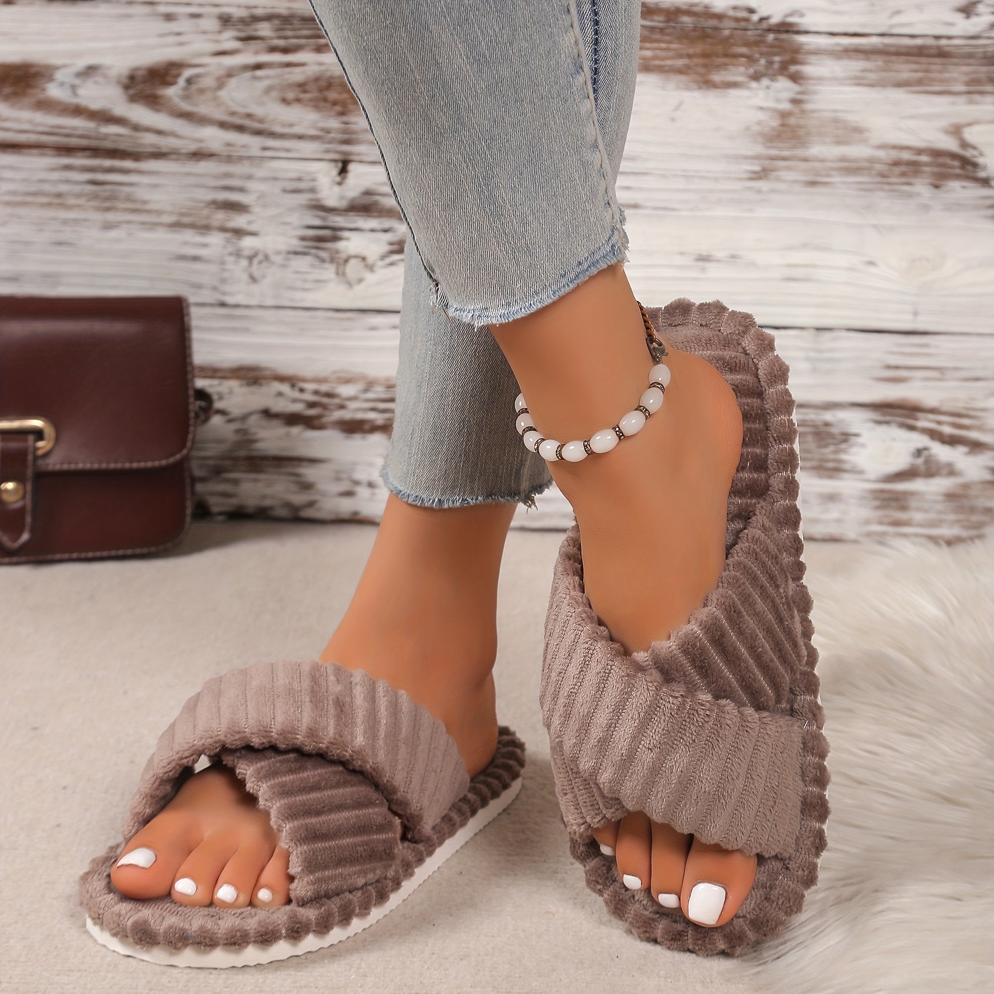 Women's Solid Color Cross Strap Plush Home Slippers for All Seasons