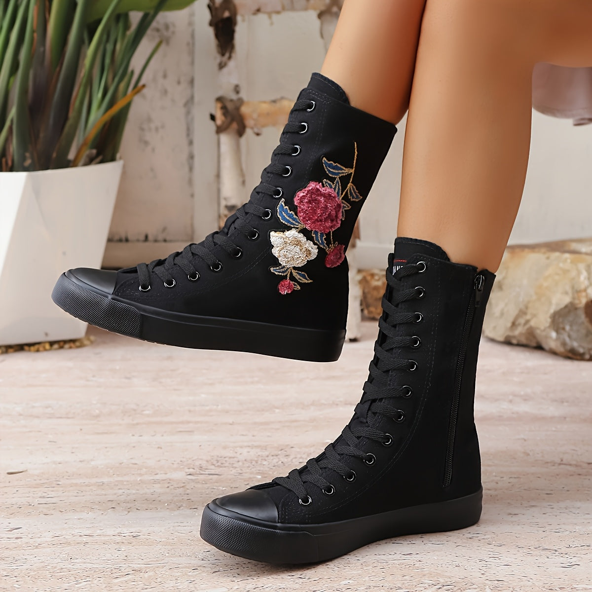 Women's Floral Embellished Mid-Calf Boots Leather Low Heel Casual All-Season