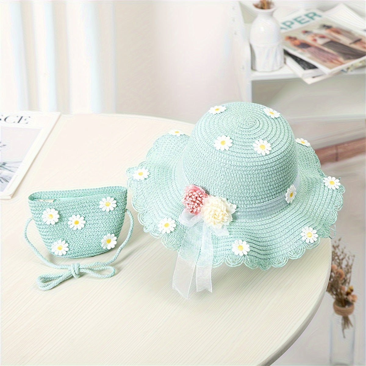 Teen Girls Straw Hat with Daisy Pattern and Matching Bag Summer Water-Resistant