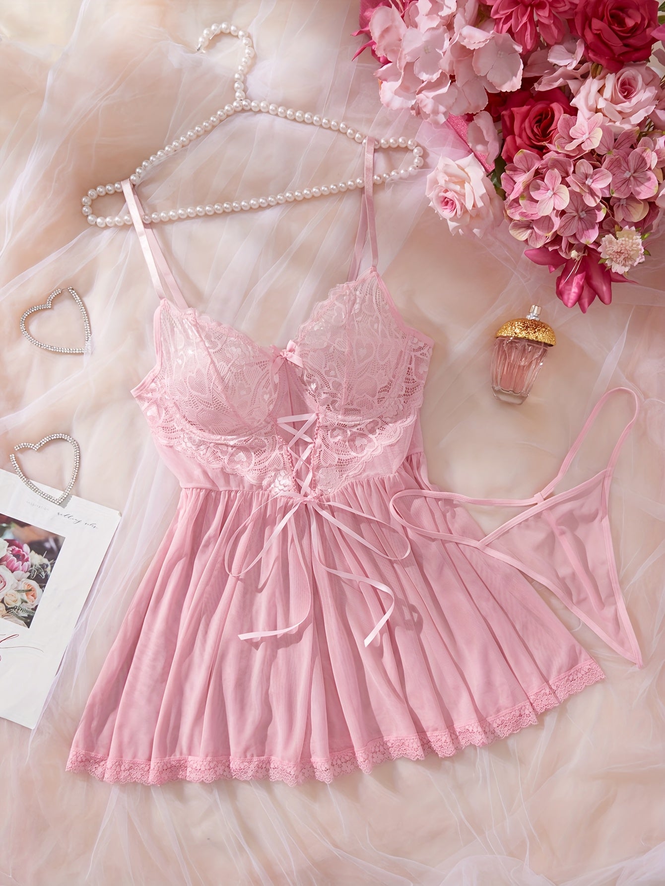 Plus Size Women's Mesh Thong Panties and Sheer Lace Nightgown Set Pink