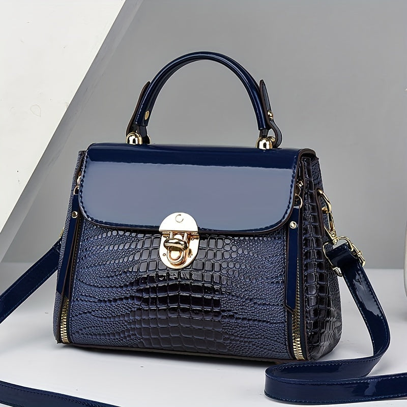 Women's Crocodile Pattern PU Handbag with Buckle Closure and Large Capacity for Shoulder Use