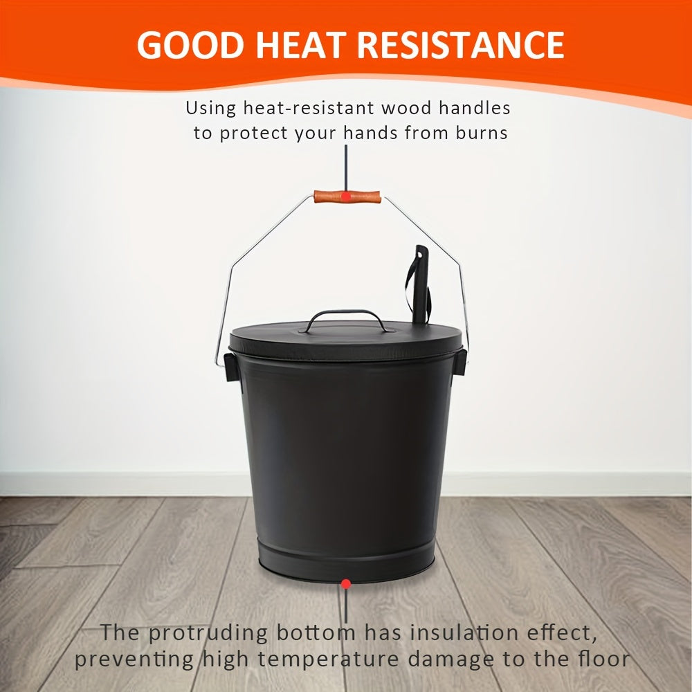 Large Metal Ash Pan with Lid and Shovel, 5.15 Gallon Capacity, Galvanized Steel, Black