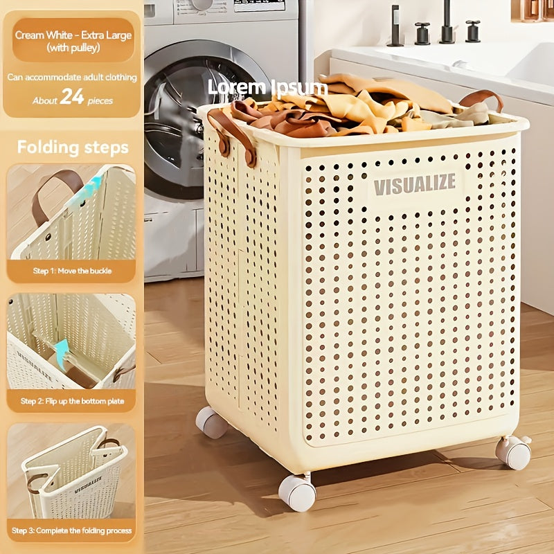 White Ceramic-Style Laundry Basket with Wheels Large Capacity Ventilated Portable