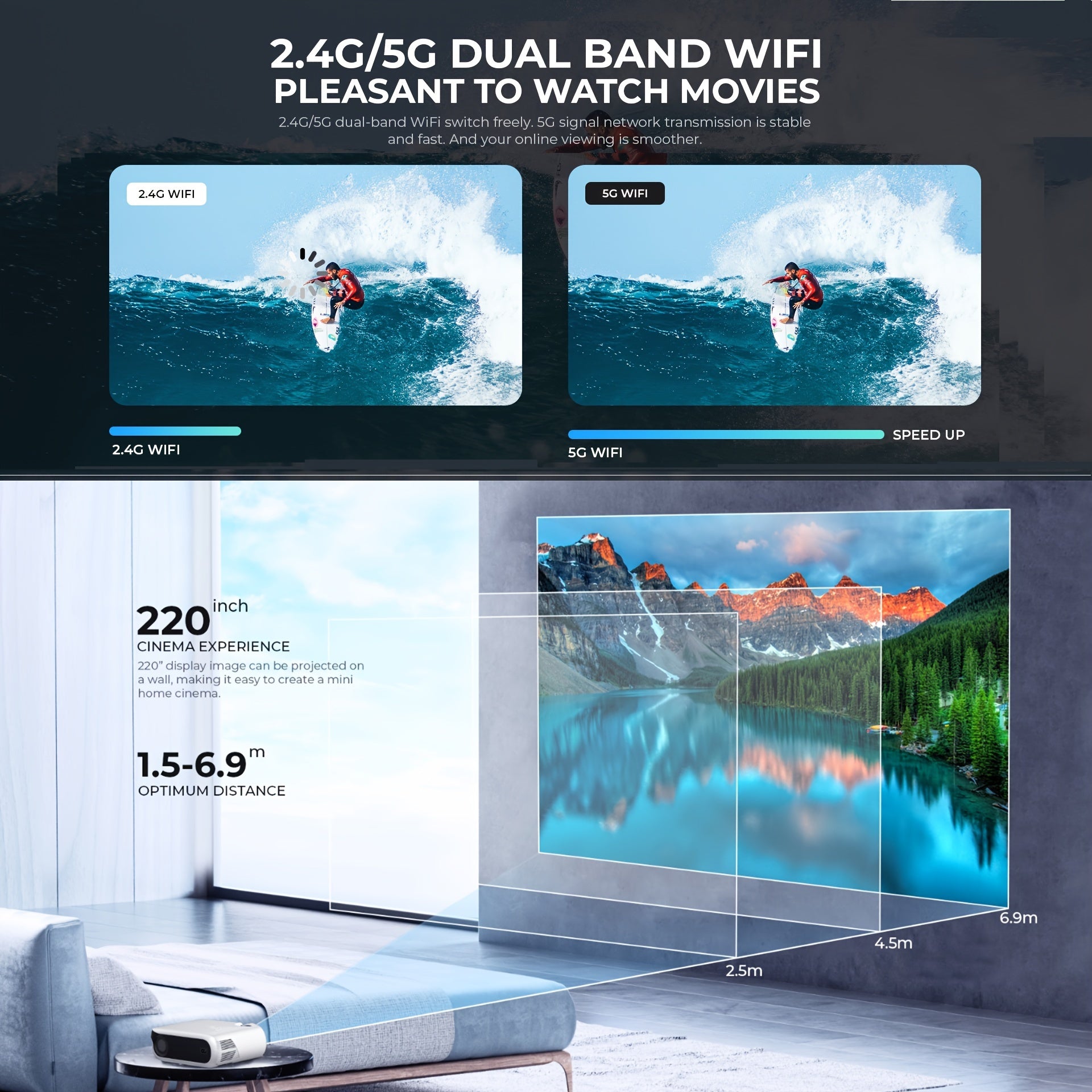 4K умный проектор 109-558 см яркий домашний кинотеатр с Wi-Fi и HDMI