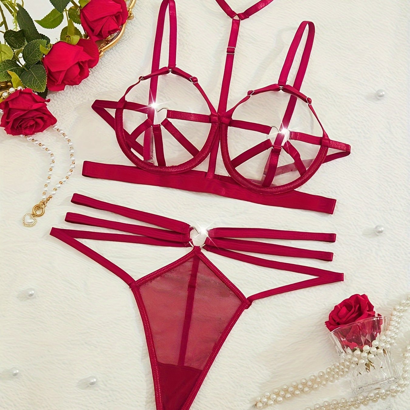 Women's Strapless Backless Lingerie Set with Paneled Design and Hollow Bra