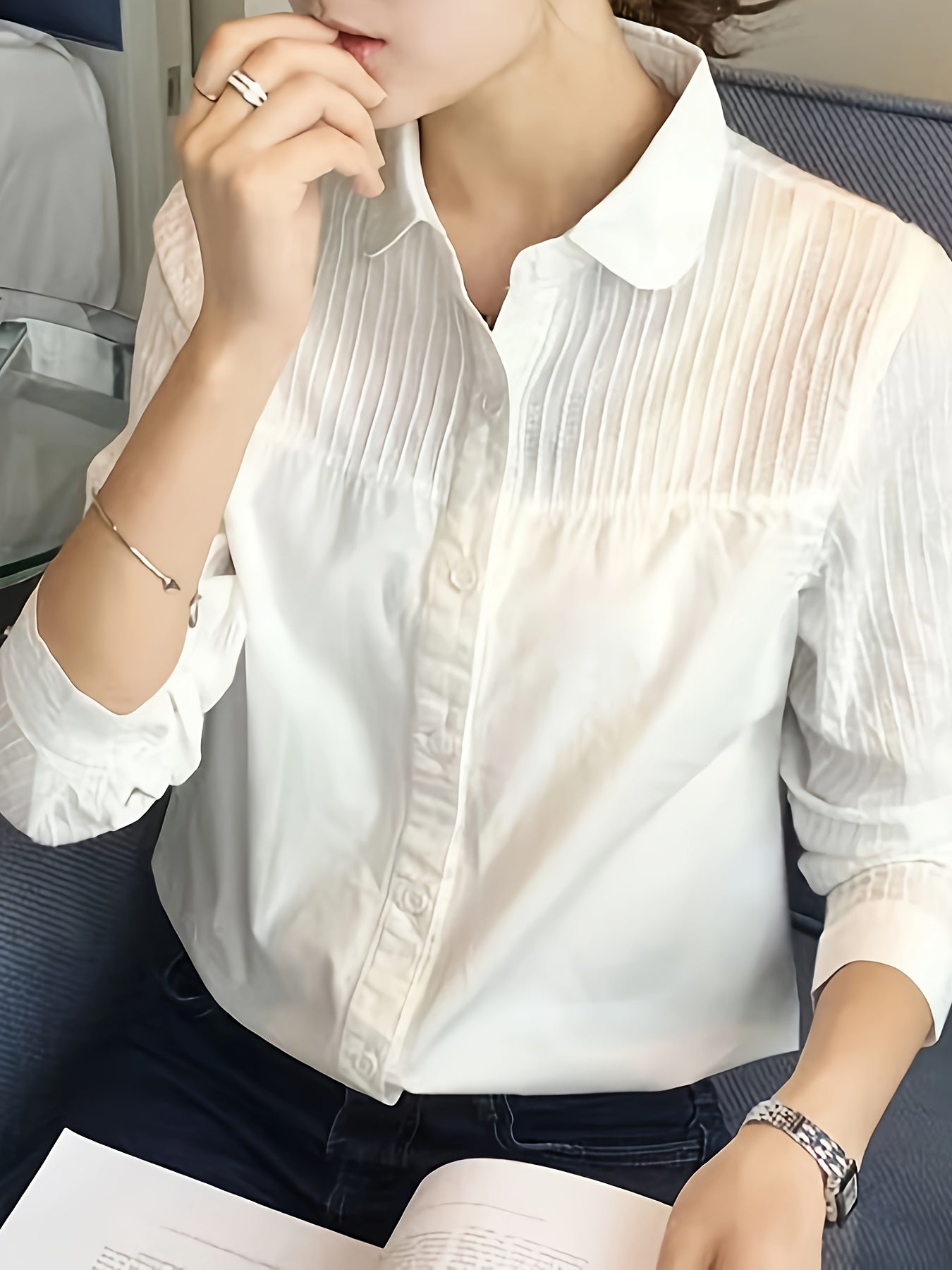 White Women's Solid Color Woven Polyester Shirt with Lapel Collar