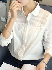 White Women's Solid Color Woven Polyester Shirt with Lapel Collar