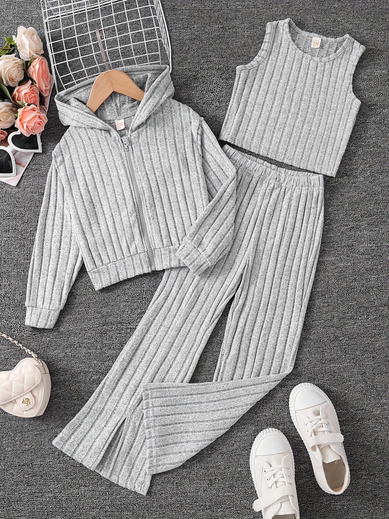 Girls' 3-Piece Outfit Set Long Sleeve Zip Hoodie Tank Top Pants Solid Rib Knit Fall Spring